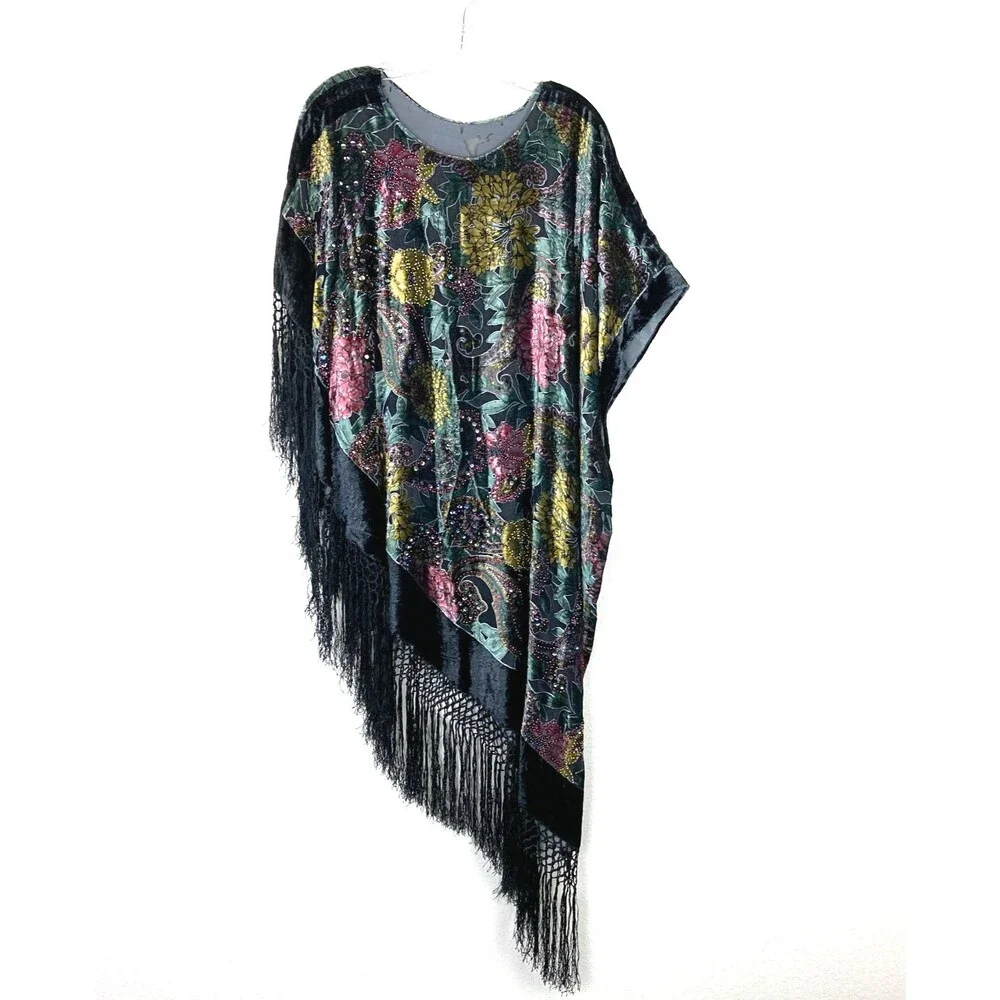 Heidi Abra Night Garden Burnout Silk Velvet Fringe Poncho One Size Whimsigoth - Picture 5 of 13